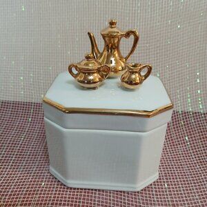 "Tea Party" 1978 Enesco Porcelain with 18kt Gold Tea Set Candy/Trinket Box